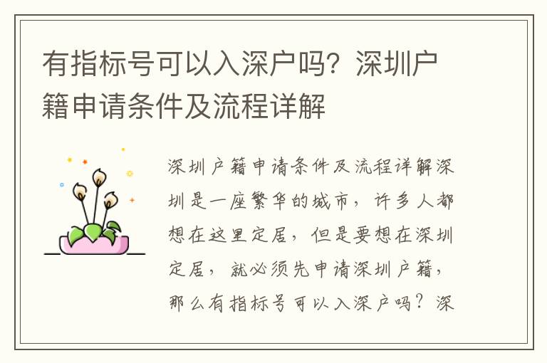 有指標(biāo)號可以入深戶嗎？深圳戶籍申請條件及流程詳解