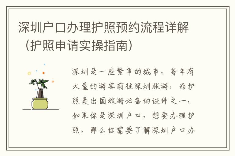 深圳戶口辦理護照預(yù)約流程詳解（護照申請實操指南）
