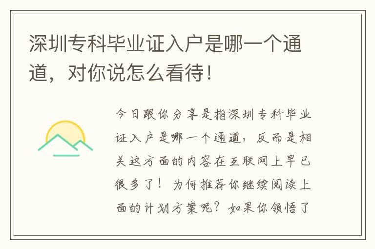 深圳?？飘厴I證入戶是哪一個通道，對你說怎么看待！