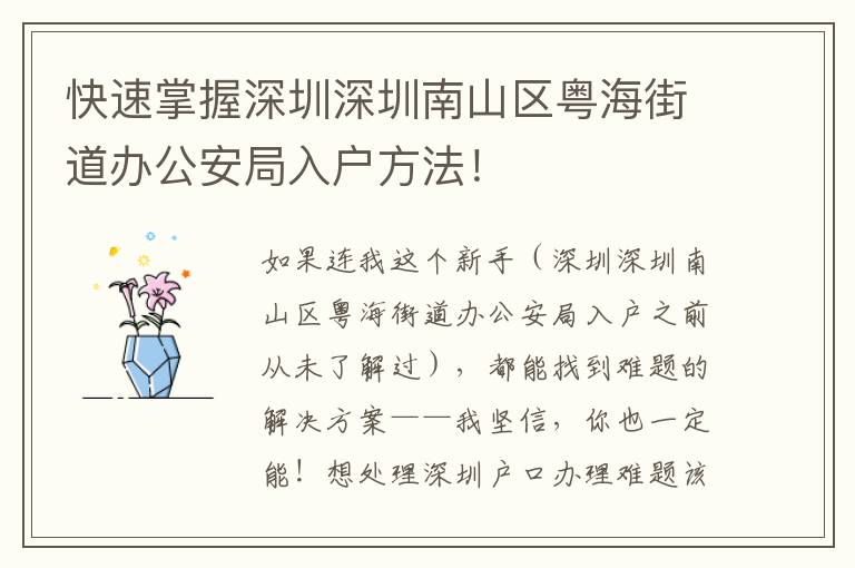 快速掌握深圳深圳南山區(qū)粵海街道辦公安局入戶(hù)方法！