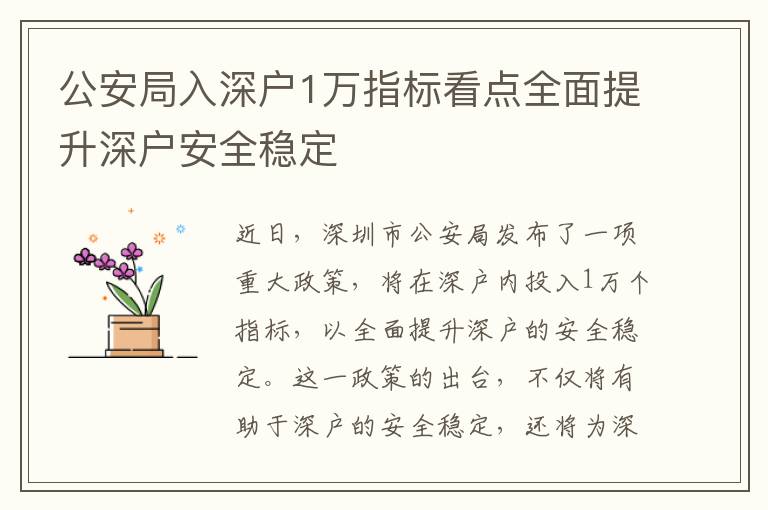 公安局入深戶1萬指標(biāo)看點(diǎn)全面提升深戶安全穩(wěn)定