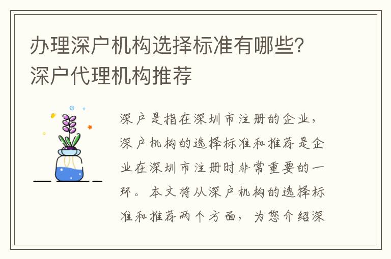 辦理深戶機(jī)構(gòu)選擇標(biāo)準(zhǔn)有哪些？深戶代理機(jī)構(gòu)推薦