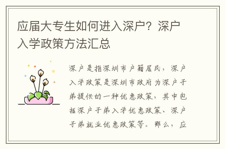 應屆大專生如何進入深戶？深戶入學政策方法匯總
