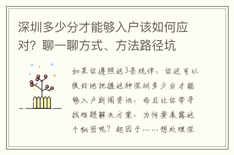 深圳多少分才能夠入戶(hù)該如何應(yīng)對(duì)？聊一聊方式、方法路徑坑