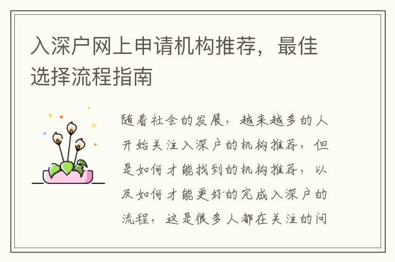 入深戶(hù)網(wǎng)上申請(qǐng)機(jī)構(gòu)推薦，最佳選擇流程指南