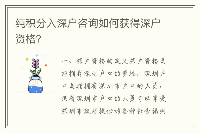 純積分入深戶咨詢?nèi)绾潍@得深戶資格？