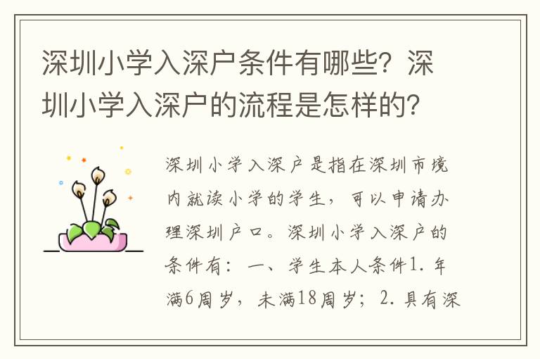 深圳小學(xué)入深戶條件有哪些？深圳小學(xué)入深戶的流程是怎樣的？