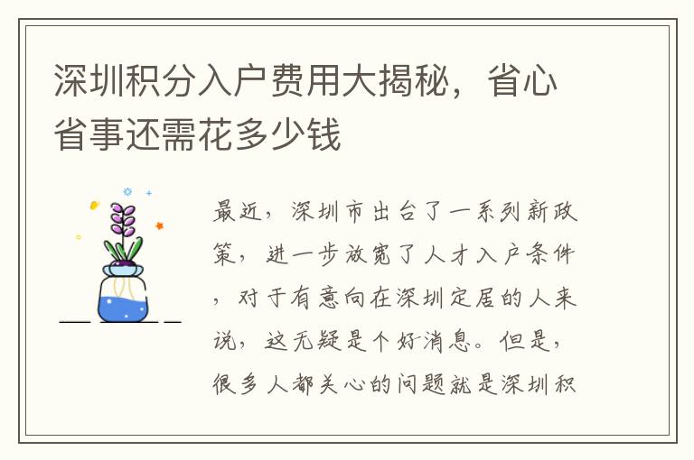 深圳積分入戶費用大揭秘，省心省事還需花多少