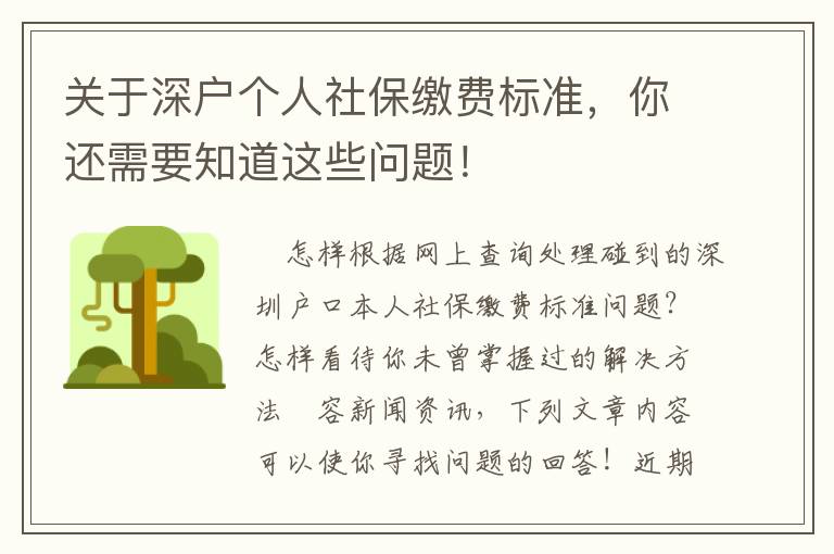 關于深戶個人社保繳費標準，你還需要知道這些問題！