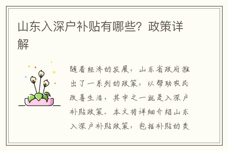 山東入深戶補貼有哪些？政策詳解