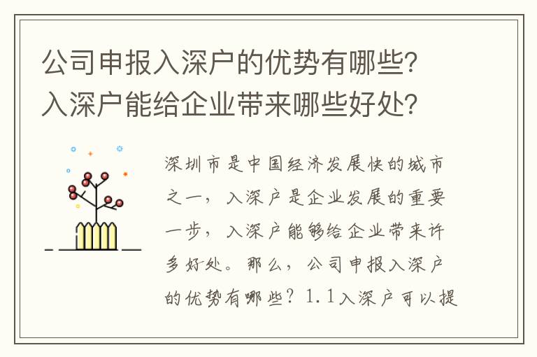 公司申報入深戶的優勢有哪些？入深戶能給企業帶來哪些好處？