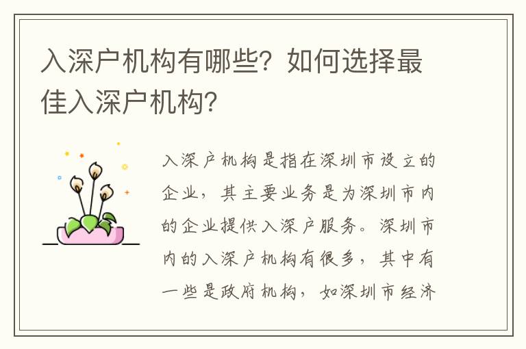 入深戶機構(gòu)有哪些？如何選擇最佳入深戶機構(gòu)？