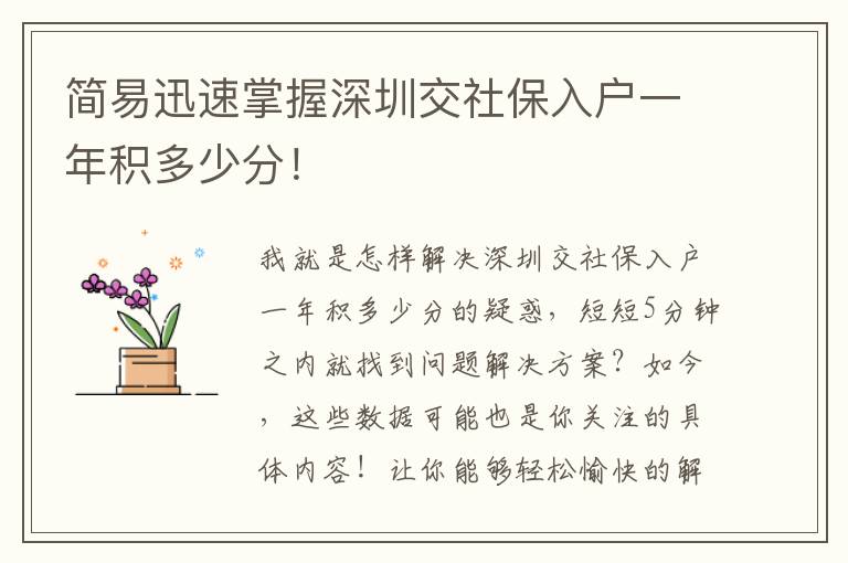 簡易迅速掌握深圳交社保入戶一年積多少分！