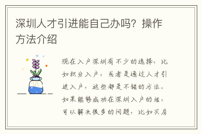 深圳人才引進能自己辦嗎?操作方法介紹